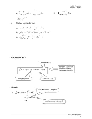 )()()]([)( aFbFxFxf b
a
b
a
−==∫
BAB 4 : Pengamiran
Matematik II (B 2001)
g. dx
x∫ − 3
)54(
1
= c
x
+
−
− 2
)54(8
1
h. dx
x∫ +
−
4
)53(2
3
=
c
x
+
+ 3
)53(6
1
a. Nilaikan kamiran berikut:
a. dkkk∫ − 732
)1( = ( ) ck +−
− 83
1
24
1
b. dzzzz∫ −− )33()3( 233
= ( ) css +−
32
3
3
1
c. dp
pp
p
∫ +
+
3 3
2
3
1
= ( ) cpp ++ 3
2
3
3
2
1
PENGAMIRAN TENTU
CONTOH
a. 2
0
2
2
0
]x
2
x
[dx)1(x +=+∫
4
0)(02)
2
2
(
2
=
+−+=
June/JMSK/PPD/750621
10
Hasil pengamiran Gantikan x = b
a disebut had bawah
pengamiran dan b
had atas pengamiran
Gantikan x = a
Gantikan semua x dengan 2
Gantikan semua x dengan 0
 