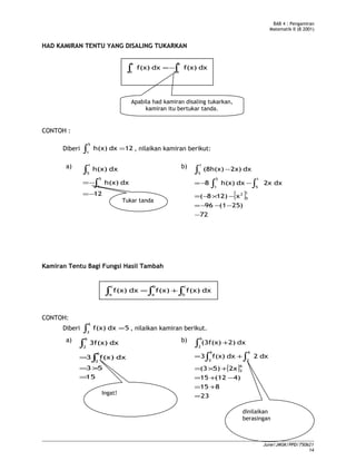 ∫∫ −=
b
a
a
b
dxf(x)dxf(x)
∫∫∫ +=
c
b
b
a
c
a
dxf(x)f(x)dxf(x)
BAB 4 : Pengamiran
Matematik II (B 2001)
HAD KAMIRAN TENTU YANG DISALING TUKARKAN
CONTOH :
Diberi 12dxh(x)
5
1
=∫ , nilaikan kamiran berikut:
a) dxh(x)
1
5∫
12
dxh(x)
5
1
−=
−= ∫
b)
[ ]
72
25)(196
x12)8(
dx2xdxh(x)8
dx2x)(8h(x)
1
5
2
1
5
5
1
1
5
−
−−−=
−×−=
−−=
−
∫∫
∫
Kamiran Tentu Bagi Fungsi Hasil Tambah
CONTOH:
Diberi 5dxf(x)
6
2
=∫ , nilaikan kamiran berikut.
a)
∫
6
2
dx3f(x)
15
53
dxf(x)3
6
2
=
×=
= ∫
b)
[ ]
23
815
4)(1215
2x5)(3
dx2dxf(x)3
dx2)(3f(x)
6
2
6
2
6
2
6
2
=
+=
−+=
+×=
+=
+
∫∫
∫
June/JMSK/PPD/750621
14
Apabila had kamiran disaling tukarkan,
kamiran itu bertukar tanda.
Tukar tanda
Ingat!
dinilaikan
berasingan
 