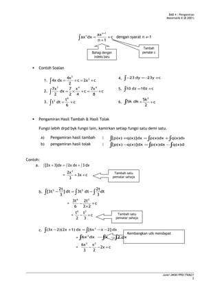 BAB 4 : Pengamiran
Matematik II (B 2001)
c
1n
ax
dxax
1n
n
+
+
=
+
∫ dengan syarat n ≠-1
 Contoh Soalan
1. c2xc
2
4x
dx4x 2
2
+=+=∫
4. ∫ +−=− c23ydy23
2. c
8
7x
c
4
x
2
7
dx
2
7x 443
+=+×=∫
5. ∫ += c10zdz10
3. c
6
t
dtt
6
5
+=∫ 6. ∫ dk5k = c
2
5k2
+
 Pengamiran Hasil Tambah & Hasil Tolak
Fungsi lebih drpd byk fungsi lain, kamirkan setiap fungsi satu demi satu.
a) Pengamiran hasil tambah  ∫ ∫ ∫+=+ q(x)dxp(x)dxq(x)]dx[p(x)
b) pengamiran hasil tolak  ∫ ∫ ∫−=− q(x)dxp(x)dxq(x)]dx[p(x)
Contoh:
a. ∫ ∫ ∫+=+ dx3dx2x3]dx[2x
= c3x
3
2x3
++
b. dt
3
2t
dt3tdt]
3
2t
[3t 55
∫ ∫∫ −=−
= c
23
2t
6
3t 26
+
×
−
= c
3
t
2
t 26
+−
c. ∫ ∫ −−=+− dx2]x[6xdx1)2)(2x(3x 2
= ∫ dx6x2
∫− x dx2∫−
= c2x
2
x
3
6x 23
+−−
June/JMSK/PPD/750621
2
Tambah satu
pemalar sahaja
Kembangkan utk mendapat
Bahagi dengan
indeks baru
Tambah
pemalar c
Tambah satu
pemalar sahaja
 