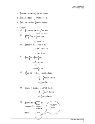 BAB 4 : Pengamiran
Matematik II (B 2001)
7. cb)(axkos
a
dxb)(axsin ++−=+∫
1
8. cb)(axsin
a
dxb)(axkos ++=+∫
1
9. cb)(axtan
a
dxb)(axsek2
++=+∫
1
 Contoh:
a)
cxsin3
dxxkos3dxxkos3
+−=
−=−∫ ∫
b)
cxtan
2
1
dxxsek
2
1
dx
2
xsek 2
2
+=
=∫
c)
c4xsin
2
1
c4xsin
4
1
2
dx4xkos2dx4xkos2
+=
+•=
=∫ ∫
d)
cx
3
1
sin3
cx
3
1
sin
3
1
1
xdx
3
1
kosdx
3
x
kos
+=
+=
=∫∫
e)
c1)(3kkos
6
1
c1)(3kkos
3
1
2
1
dk1)(3ksin
2
1
dk1)(3ksin
2
1
++−=
++−•=
+=+∫ ∫
f)
c3x)-(1tan
3
5
c3x)-(1tan
3
1
5
dx3x)-(1sek5dx3x)-(1sek5 22
+−=
+−•=
=∫ ∫
g)
dx
xkos
xsin
dxxtan ∫∫ =
katakan ( ) xkosxf =
( ) xsinxf' −=
maka
June/JMSK/PPD/750621
6
Tulis semula
dalam
bentuk
 