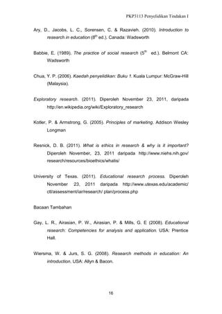 PKP3113 Penyelidikan Tindakan I
Ary, D., Jacobs, L. C., Sorensen, C. & Razavieh. (2010). Introduction to
research in education (8th ed.). Canada: Wadsworth
Babbie, E. (1989). The practice of social research (5 th ed.). Belmont CA:
Wadsworth

Chua, Y. P. (2006). Kaedah penyelidikan: Buku 1. Kuala Lumpur: McGraw-Hill
(Malaysia).

Exploratory research. (2011). Diperoleh November 23, 2011, daripada
http://en.wikipedia.org/wiki/Exploratory_research
Kotler, P. & Armstrong, G. (2005). Principles of marketing. Addison Wesley
Longman
Resnick, D. B. (2011). What is ethics in research & why is it important?
Diperoleh November, 23, 2011 daripada http://www.niehs.nih.gov/
research/resources/bioethics/whatis/

University of Texas. (2011). Educational research process. Diperoleh
November

23,

2011

daripada

http://www.utexas.edu/academic/

ctl/assessment/iar/research/ plan/process.php

Bacaan Tambahan
Gay, L. R., Airasian, P. W., Airasian, P. & Mills, G. E (2008). Educational
research: Competencies for analysis and application. USA: Prentice
Hall.

Wiersma, W. & Jurs, S. G. (2008). Research methods in education: An
introduction. USA: Allyn & Bacon.

16

 