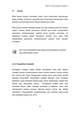 PKP3113 Penyelidikan Tindakan I
(d)

Korelasi

Reka bentuk korelasi merupakan kajian untuk menentukan perhubungan
antara variabel. Contohnya, penyelidik ingin menentukan perhubungan antara
prestasi murid dan kepimpinan transformasional guru besar.

Reka bentuk korelasi terbahagi kepada dua iaitu korelasi positif dan korelasi
negatif. Korelasi positif bermaksud semakin guru besar mengamalkan
kepimpinan

transformasional,

prestasi

seblaiknya,

korelasi

bermaksud

mengamalkan

negatif

kepimpinan

murid

semakin

semakin

transformasional,

meningkat.

guru

prestasi

besar

murid

Di

tidak

semakin

meningkat.

Beri contoh penyelidikan bagi setiap jenis penyelidikan kuantitatif
yang dibincangkan di atas.

2.2.2 Penyelidikan Kualitatif
Pendekatan kualitatif adalah kaedah penyelidikan yang lebih kepada
mengkaji sesuatu fenomena/situasi dalam konteks sebenar (natural setting)
atau semula jadi. Ianya menggunakan kaedah inkuiri yang bukan bersifat
statistikal (Chua,2006). Penyelidikan kualitatif dilakukan untuk mendapat
kefahaman yang mendalam tentang sikap, emosi, kepercayaan, tingkah laku
individu atau sekumpulan individu.

Penyelidikan kualiatif telah mula

mendapat tempat dalam kalangan penyelidik di Malaysia. Ianya lebih
memfokuskan kepada manusia. Manusia secara individu dan kolektif
membentuk, mengubahsuai, menginterpretasi dan membina makna pada
alam sekeliling mereka (Lim, 2011).

26

 