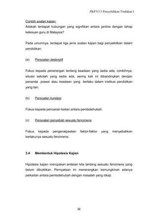 PKP3113 Penyelidikan Tindakan I
Contoh soalan kajian:
Adakah terdapat hubungan yang signifikan antara jantina dengan tahap
kelesuan guru di Malaysia?
Pada umumnya, terdapat tiga jenis soalan kajian bagi penyelidikan dalam
pendidikan:
(a)

Persoalan deskriptif

Fokus kepada penerangan tentang keadaan yang sedia ada; contohnya,
situasi sekolah yang sedia ada; sering kali ini dibandingkan dengan
penanda piawai atau keadaan yang berlaku dalam institusi pendidikan
yang lain.
(b)

Persoalan korelasi

Fokus kepada pencarian kaitan antara pembolehubah.
(c)

Fokus

Persoalan penyebab sesuatu fenomena

kepada

pengenalpastian

faktor-faktor

yang

menyebabkan

berlakunya sesuatu fenomena.

3.4

Membentuk Hipotesis Kajian

Hipotesis kajian merupakan andaian kita tentang sesuatu fenomena yang
belum dibuktikan. Pernyataan ini menerangkan kemungkinan adanya
perkaitan antara pembolehubah dengan masalah yang dikaji.

36

 