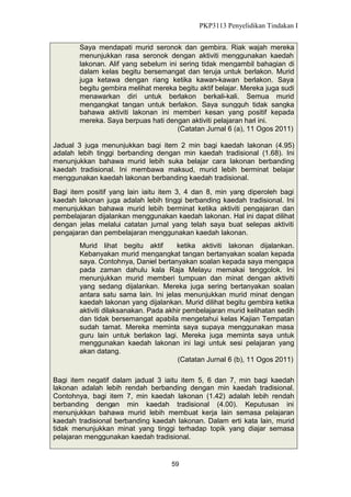 PKP3113 Penyelidikan Tindakan I
Saya mendapati murid seronok dan gembira. Riak wajah mereka
menunjukkan rasa seronok dengan aktiviti menggunakan kaedah
lakonan. Alif yang sebelum ini sering tidak mengambil bahagian di
dalam kelas begitu bersemangat dan teruja untuk berlakon. Murid
juga ketawa dengan riang ketika kawan-kawan berlakon. Saya
begitu gembira melihat mereka begitu aktif belajar. Mereka juga sudi
menawarkan diri untuk berlakon berkali-kali. Semua murid
mengangkat tangan untuk berlakon. Saya sungguh tidak sangka
bahawa aktiviti lakonan ini memberi kesan yang positif kepada
mereka. Saya berpuas hati dengan aktiviti pelajaran hari ini.
(Catatan Jurnal 6 (a), 11 Ogos 2011)
Jadual 3 juga menunjukkan bagi item 2 min bagi kaedah lakonan (4.95)
adalah lebih tinggi berbanding dengan min kaedah tradisional (1.68). Ini
menunjukkan bahawa murid lebih suka belajar cara lakonan berbanding
kaedah tradisional. Ini membawa maksud, murid lebih berminat belajar
menggunakan kaedah lakonan berbanding kaedah tradisional.
Bagi item positif yang lain iaitu item 3, 4 dan 8, min yang diperoleh bagi
kaedah lakonan juga adalah lebih tinggi berbanding kaedah tradisional. Ini
menunjukkan bahawa murid lebih berminat ketika aktiviti pengajaran dan
pembelajaran dijalankan menggunakan kaedah lakonan. Hal ini dapat dilihat
dengan jelas melalui catatan jurnal yang telah saya buat selepas aktiviti
pengajaran dan pembelajaran menggunakan kaedah lakonan.
Murid lihat begitu aktif
ketika aktiviti lakonan dijalankan.
Kebanyakan murid mengangkat tangan bertanyakan soalan kepada
saya. Contohnya, Daniel bertanyakan soalan kepada saya mengapa
pada zaman dahulu kala Raja Melayu memakai tenggolok. Ini
menunjukkan murid memberi tumpuan dan minat dengan aktiviti
yang sedang dijalankan. Mereka juga sering bertanyakan soalan
antara satu sama lain. Ini jelas menunjukkan murid minat dengan
kaedah lakonan yang dijalankan. Murid dilihat begitu gembira ketika
aktiviti dilaksanakan. Pada akhir pembelajaran murid kelihatan sedih
dan tidak bersemangat apabila mengetahui kelas Kajian Tempatan
sudah tamat. Mereka meminta saya supaya menggunakan masa
guru lain untuk berlakon lagi. Mereka juga meminta saya untuk
menggunakan kaedah lakonan ini lagi untuk sesi pelajaran yang
akan datang.
(Catatan Jurnal 6 (b), 11 Ogos 2011)
Bagi item negatif dalam jadual 3 iaitu item 5, 6 dan 7, min bagi kaedah
lakonan adalah lebih rendah berbanding dengan min kaedah tradisional.
Contohnya, bagi item 7, min kaedah lakonan (1.42) adalah lebih rendah
berbanding dengan min kaedah tradisional (4.00). Keputusan ini
menunjukkan bahawa murid lebih membuat kerja lain semasa pelajaran
kaedah tradisional berbanding kaedah lakonan. Dalam erti kata lain, murid
tidak menunjukkan minat yang tinggi terhadap topik yang diajar semasa
pelajaran menggunakan kaedah tradisional.

59

 