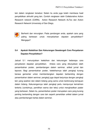 PKP3113 Penyelidikan Tindakan I
lain dalam rangkaian tersebut. Selain itu anda juga boleh membaca hasil
penyelidikan ahli-ahli yang lain. Contoh rangkaian ialah Collaborative Action
Research network (CARN),

Action Research Network ALTec dan Action

Research Network Universisty of San Diego.

Berhenti dan renungkan. Pada pandangan anda, apakah cara yang
paling

berkesan

untuk

menyebarkan

dapatan

penyelidikan?

Mengapa?

5.4

Apakah Kelebihan Dan Kekurangan Sesetengah Cara Penyebaran
Dapatan Penyelidikan?

Jadual 5.1 menunjukkan

kelebihan

penyebaran dapatan penyelidikan.

dan kekurangan

beberapa

cara

Antara cara yang ditunjukkan ialah

persembahan poster, pembentangan dalam seminar, artikel jurnal dan
laporan. Bagi persembahan poster, kelebihannya ialah pengkaji kurang
berasa gementar untuk membentangkan dapatan berbanding dengan
persembahan dalam seminar; pengkaji juga dapat berjumpa dengan pengkaji
lain yang sealiran dan dalam bidang yang sama untuk berbincang kemajuan
dalam bidang. Kekurangannya ialah pengkaji perlu mempunyai kemahiran
tertentu (contohnya, pemilihan warna dan teks) untuk menghasilkan poster
yang berkesan. Selain itu, persembahan poster merupakan cara yang kurang
penting berbanding dengan cara lain seperti penerbitan artikel dalam jurnal
atau pembentangan kertas dalam seminar.

75

 