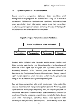 PKP3113 Penyelidikan Tindakan I
1.1

Tujuan Penyelidikan Dalam Pendidikan

Secara

umumnya,

penyelidikan

dijalankan

dalam

pendidikan

untuk

meningkatkan mutu pengajaran dan pembelajaran. Sering kali ia melibatkan
penyelesaian masalah atau penjelasan teori pendidikan. Secara khususnya,
tujuan penyelidikan boleh dibahagikan kepada empat iaitu penerokaan,
penghuraian, penerangan dan ramalan (University of Texas, 2011). Rajah 1.1
merumuskan tujuan penyelidikan dalam pendidikan.

Rajah 1.1: Tujuan Penyelidikan dalam Pendidikan

Tujuan Penyelidikan dalam Pendidikan

Penerokaan

Penghuraian

Penerangan

Ramalan

Biasanya, kajian dijalankan untuk menerokai apabila sesuatu masalah masih
dalam peringkat awal atau isu yang diterokai agak baru. Ia digunakan untuk
menjawab soalan seperti apa, mengapa, dan bagaimana (Babbie, 1989;
“Exploratory Research”, 2011). Contohnya, pada awal pelaksanaan PPSMI
(Pengajaran dan Pembelajaran Sains dan Matematik dalam Bahasa Inggeris),
kajian mungkin dijalankan untuk menerokai apakah masalah yang dihadapi
oleh guru dan murid dalam pengajaran dan pembelajaran.
Satu lagi tujuan penyelidikan ialah untuk penghuraian. Kajian sedemikian
biasanya dijalankan untuk menghuraikan perkara (Kotler & Armstrong, 2005)
seperti sifat-sifat murid yang suka ponteng kelas, ciri-ciri guru yang baik dan
sebagainya. Akan tetapi kajian sedemikian tidak menerangkan mengapa dan
bagaimana. Untuk itu, seseorang penyelidik akan menjalankan kajian dengan
tujuan untuk menerangkan. Contohnya, kajian boleh dijalankan untuk
menerangkan mengapa tahap kelesuan guru di Lembah Kelang adalah agak
9

 