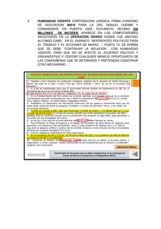 I. HUMANIDAD VIGENTE CORPORACION JURIDICA, FIRMA CONVENIO
DE ASOCIACION 00616 PARA LA ZRC DEBAJO CUEMBI Y
COMANDANTE EN PUERTO ASIS, PUTUMAYO; RECIBIO 250
MILLONES DE INCODER, APARECE EN LOS COMPUTADORES
INCAUTADOS EN LA OPERACIÓN ODISEO DONDE FUE ABATIDO
ALFONSO CANO; EN EL PARRAFO “REFERENTES POLITICOS PARA
EL TRABAJO Y EL ACCIONAR DE MASAS…”, PUNTO 10, SE AFIRMA
QUE SE DEBE “CONTINUAR LA RELACION CON HUMANIDAD
VIGENTE, PARA QUE NO SE AFECTE EL ACUERDO POLITICO Y
ORGANIZATIVO Y CORTAR CUALQUIER MANEJO OPORTUNISTA DE
LAS COMPAÑERAS QUE SE RETIRARON Y PRETENDEN CONSTRUIR
OTRO MECANISMO…”.
PLAN DE TRABAJO DE LAS ESTRUCTURAS DEL BLOQUE MAGDALENA MEDIO DE LAS
FARC
Fin del correo
Continuidad de los pasos que se deben implementar en la estrategia de
Zonas de Reserva Campesina en el Magdalena Medio.
Operación Odiseo
 