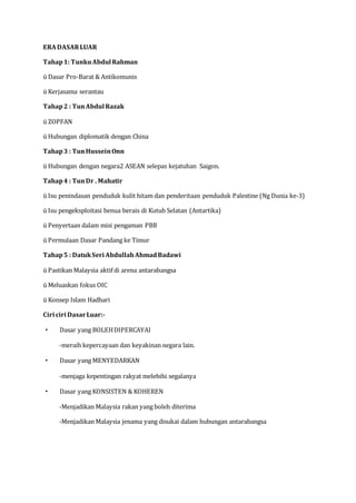 ERADASARLUAR
Tahap1: TunkuAbdul Rahman
ü Dasar Pro-Barat & Antikomunis
ü Kerjasama serantau
Tahap2 : TunAbdul Razak
ü ZOPFAN
ü Hubungan diplomatik dengan China
Tahap3 : TunHusseinOnn
ü Hubungan dengan negara2 ASEAN selepas kejatuhan Saigon.
Tahap4 : TunDr . Mahatir
ü Isu penindasan penduduk kulit hitam dan penderitaan penduduk Palestine (Ng Dunia ke-3)
ü Isu pengeksploitasi benua berais di Kutub Selatan (Antartika)
ü Penyertaan dalam misi pengaman PBB
ü Permulaan Dasar Pandang ke Timur
Tahap5 : DatukSeri AbdullahAhmadBadawi
ü Pastikan Malaysia aktif di arena antarabangsa
ü Meluaskan fokus OIC
ü Konsep Islam Hadhari
Ciri ciri DasarLuar:-
· Dasar yang BOLEHDIPERCAYAI
-meraih kepercayaan dan keyakinan negara lain.
· Dasar yang MENYEDARKAN
-menjaga kepentingan rakyat melebihi segalanya
· Dasar yang KONSISTEN & KOHEREN
-Menjadikan Malaysia rakan yang boleh diterima
-Menjadikan Malaysia jenama yang disukai dalam hubungan antarabangsa
 