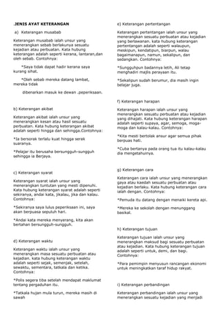 .JENIS AYAT KETERANGAN                            e) Keterangan pertentangan

a) Keterangan musabab                             Keterangan pertentangan ialah unsur yang
                                                  menerangkan sesuatu perbuatan atau kejadian
Keterangan musabab ialah unsur yang               yang berlawanan. kata hubung keterangan
menerangkan sebab berlakunya sesuatu              pertentangan adalah seperti walaupun,
kejadian atau perbuatan. Kata hubung              meskipun, kendatipun, biarpun, walau
keterangan adalah seperti kerana, lantaran,dan    bagaimanapun, namun, sekalipun, dan
oleh sebab. Contohnya:                            sedangkan. Contohnya:

    *Saya tidak dapat hadir kerana saya           *Sungguhpun badannya letih, Ali tetap
kurang sihat.                                     menghadiri majlis perayaan itu.
   *Oleh sebab mereka datang lambat,              *Sekalipun sudah berumur, dia masih ingin
mereka tidak                                      belajar juga.
    dibenarkan masuk ke dewan .peperiksaan.

                                                  f) Keterangan harapan

b) Keterangan akibat                              Keterangan harapan ialah unsur yang
                                                  menerangkan sesuatu perbuatan atau kejadian
Keterangan akibat ialah unsur yang                yang dihajati. Kata hubung keterangan harapan
menerangkan kesan atau hasil sesuatu              adalah seperti supaya, agar, semoga, moga-
perbuatan. Kata hubung keterangan akibat          moga dan kalau-kalau. Contohnya:
adalah seperti hingga dan sehingga.Contohnya:
                                                  *Kita mesti bertolak ansur agar semua pihak
*Ia bersorak terlalu kuat hingga serak            berpuas hati.
suaranya.
                                                  *Cuba bertanya pada orang tua itu kalau-kalau
*Pelajar itu berusaha bersungguh-sungguh          dia mengetahuinya.
sehingga ia Berjaya.


                                                  g) Keterangan cara
c) Keterangan syarat
                                                  Keterangan cara ialah unsur yang menerangkan
Keterangan syarat ialah unsur yang                gaya atau kaedah sesuatu perbuatan atau
menerangkan tuntutan yang mesti dipenuhi.         kejadian berlaku. Kata hubung keterangan cara
Kata hubung keterangan syarat adalah seperti      ialah dengan. Contohnya:
sekiranya, andai kata, jikalau, jika dan kalau.
Contohnya:                                        *Pemuda itu datang dengan menaiki kereta api.
*Sekiranya saya lulus peperiksaan ini, saya       *Mereka ke sekolah dengan menunggang
akan berpuasa sepuluh hari.                       basikal.
*Andai kata mereka menyerang, kita akan
bertahan bersungguh-sungguh.
                                                  h) Keterangan tujuan

                                                  Keterangan tujuan ialah unsur yang
d) Keterangan waktu                               menerangkan maksud bagi sesuatu perbuatan
                                                  atau kejadian. Kata hubung keterangan tujuan
Keterangan waktu ialah unsur yang                 adalah seperti untuk, demi, dan bagi.
menerangkan masa sesuatu perbuatan atau           Contohnya:
kejadian. kata hubung keterangan waktu
adalah seperti sejak, semenjak, setelah,          *Para pemimpin menyusun rancangan ekonomi
sewaktu, sementara, tatkala dan ketika.           untuk meningkatkan taraf hidup rakyat.
Contohnya:

*Polis segera tiba setelah mendapat maklumat
tentang pergaduhan itu.                           i) Keterangan perbandingan

*Tatkala hujan mula turun, mereka masih di        Keterangan perbandingan ialah unsur yang
sawah                                             menerangkan sesuatu kejadian yang menjadi
 