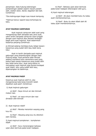persamaan. Kata hubung keterangan                    b) Pasif : Bahawa ujian akan bermula
perbandingan adalah seperti macam,seolah-       pada bulan hadapan diterangkan oleh guru.
olah, seakan-akan, ibarat, bagaikan dan bak.
Contohnya:                                      4) Ayat majmuk keterangan

*Dia kebingungan bagai rusa masuk kampung.           a) Aktif : Ali akan membeli buku itu kalau
                                                ayah membenarkannya.
*Hatinya hancur seperti kaca terhempas ke
batu.                                                 b) Pasif : Buku itu akan dibeli oleh Ali
                                                kalau ayah membenarkannya.


AYAT MAJMUK CAMPURAN

       Ayat majmuk campuran ialah ayat yang
mengandungi lebih daripada satu jenis ayat,
yakni terdiri daripada campuran ayat tunggal
dengan ayat majmuk atau deretan berbagai-
bagai jenis ayat majmuk. Ayat sedemikian
biasanya panjang.Contohnya:

a) Ahmad sedang membaca buku tetapi kawan-
kawannya yang sudah letih lesu telah lama
tidur.

        Ayat ini terdiri daripada ayat majmuk
gabungan yang disambungkan dengan kata
hubung tetapi. Ayat pertama ialah Ahmad
sedang membaca buku sementara ayat yang
kedua ialah kawan-kawannya yang sudah letih
lesu telah lama tidur. Ayat yang kedua ini
merupakan ayat majmuk juga kerana terdapat
ayat relatif, iaitu yang sudah letih lesu,
dipancangkan ke dalamnya.



AYAT MAJMUK PASIF

Kesemua ayat majmuk aktif ini, jika
mengandungi kata kerja transitif, boleh
dijadikan ayat pasif. Contohnya:

1) Ayat majmuk gabungan

    a) Aktif : Saya minum air dan Aminah
makan nasi.

     b) Pasif : air saya minum dan nasi
dimakan oleh Aminah



2) Ayat majmuk relatif

      a) Aktif : Mereka menonton wayang yang
lucu itu.

     b) Pasif : Wayang yang lucu itu ditonton
oleh mereka.

3) Ayat majmuk komplemen : komplemen
objek

      a) Aktif : Guru menerangkan bahawa
ujian akan bermula pada bulan hadapan.
 