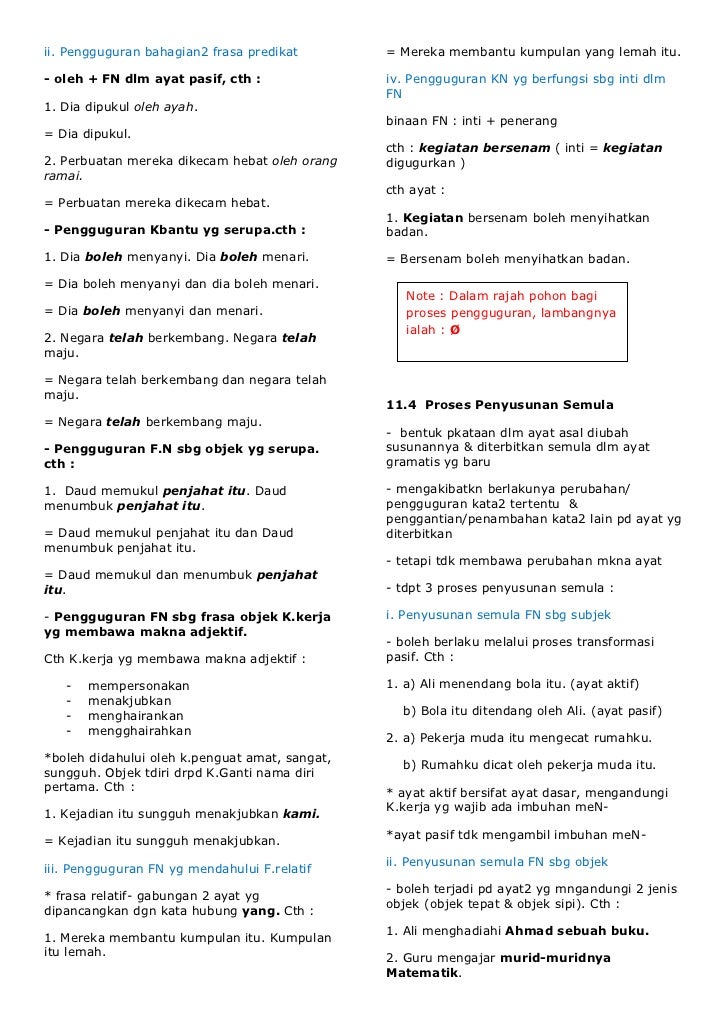ii. Pengguguran bahagian2 frasa predikat        = Mereka membantu kumpulan yang lemah itu.- oleh + FN dlm ayat pasif, cth ...