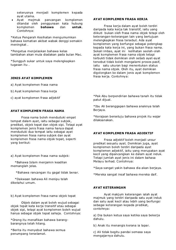 seterusnya menjadi komplemen kepada    ayat utama.    Ayat   majmuk   pancangan   komplemen           AYAT KOMPLEMEN FRASA...