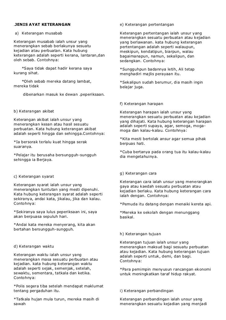 .JENIS AYAT KETERANGAN                            e) Keterangan pertentangana) Keterangan musabab                         ...