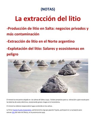 (NOTAS)
La extracción del litio
-Producción de litio en Salta: negocios privados y
más contaminación
-Extracción de litio ...