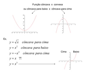 Função côncava  x  convexa ou côncava para baixo  x  côncava para cima Ex. Cima  Baixo 
