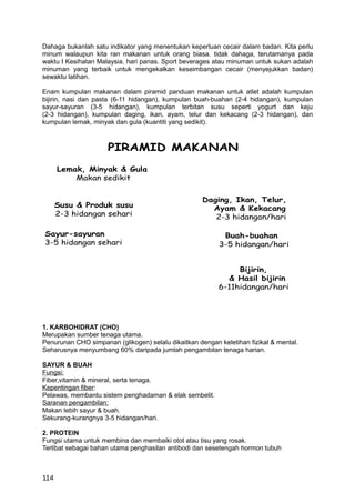 Dahaga bukanlah satu indikator yang menentukan keperluan cecair dalam badan. Kita perlu
minum walaupun kita ran makanan untuk orang biasa. tidak dahaga, terutamanya pada
waktu I Kesihatan Malaysia. hari panas. Sport beverages atau minuman untuk sukan adalah
minuman yang terbaik untuk mengekalkan keseimbangan cecair (menyejukkan badan)
sewaktu latihan.

Enam kumpulan makanan dalam piramid panduan makanan untuk atlet adalah kumpulan
bijirin, nasi dan pasta (6-11 hidangan), kumpulan buah-buahan (2-4 hidangan), kumpulan
sayur-sayuran (3-5 hidangan), kumpulan terbitan susu seperti yogurt dan keju
(2-3 hidangan), kumpulan daging, ikan, ayam, telur dan kekacang (2-3 hidangan), dan
kumpulan lemak, minyak dan gula (kuantiti yang sedikit).



                     PIRAMID MAKANAN
      Lemak, Minyak & Gula
          Makan sedikit


                                                     Daging, Ikan, Telur,
      Susu & Produk susu                               Ayam & Kekacang
      2-3 hidangan sehari                               2-3 hidangan/hari

Sayur-sayuran                                              Buah-buahan
3-5 hidangan sehari                                       3-5 hidangan/hari


                                                               Bijirin,
                                                            & Hasil bijirin
                                                          6-11hidangan/hari




1. KARBOHIDRAT (CHO)
Merupakan sumber tenaga utama.
Penurunan CHO simpanan (glikogen) selalu dikaitkan dengan keletihan fizikal & mental.
Seharusnya menyumbang 60% daripada jumlah pengambilan tenaga harian.

SAYUR & BUAH
Fungsi:
Fiber,vitamin & mineral, serta tenaga.
Kepentingan fiber:
Pelawas, membantu sistem penghadaman & elak sembelit.
Saranan pengambilan:
Makan lebih sayur & buah.
Sekurang-kurangnya 3-5 hidangan/hari.

2. PROTEIN
Fungsi utama untuk membina dan membaiki otot atau tisu yang rosak.
Terlibat sebagai bahan utama penghasilan antibodi dan sesetengah hormon tubuh



114
 