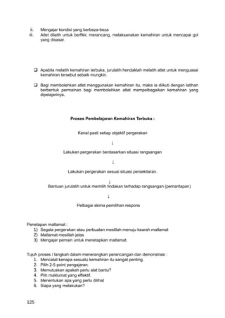 ii.   Mengajar kondisi yang berbeza-beza
 iii.   Atlet dilatih untuk berfikir, merancang, melaksanakan kemahiran untuk mencapai gol
        yang disasar.




      Apabila melatih kemahiran terbuka, jurulatih hendaklah melatih atlet untuk menguasai
        kemahiran tersebut sebaik mungkin.

      Bagi membolehkan atlet menggunakan kemahiran itu, maka ia diikuti dengan latihan
        berbentuk permainan bagi membolehkan atlet mempelbagaikan kemahiran yang
        dipelajarinya.




                        Proses Pembelajaran Kemahiran Terbuka :


                            Kenal pasti setiap objektif pergerakan

                                                 ↓

                    Lakukan pergerakan berdasarkan situasi rangsangan

                                                 ↓

                      Lakukan pergerakan sesuai situasi persekitaran.

                                             ↓
            Bantuan jurulatih untuk memilih tindakan terhadap rangsangan (pemantapan)

                                             ↓

                           Pelbagai skima pemilihan respons



Penetapan matlamat :
   1) Segala pergerakan atau perbuatan mestilah menuju kearah matlamat
   2) Matlamat mestilah jelas
   3) Mengajar pemain untuk menetapkan matlamat.


Tujuh proses / langkah dalam menerangkan perancangan dan demonstrasi :
    1. Mencatat kenapa sesuatu kemahiran itu sangat penting.
    2. Pilih 2-5 point pengajaran.
    3. Memutuskan apakah perlu alat bantu?
    4. Piih maklumat yang effektif.
    5. Menentukan apa yang perlu dilihat
    6. Siapa yang melakukan?


125
 