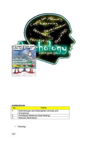 KANDUNGAN
 BIL                       TOPIK
1.   Kebimbangan dan Kebangkitan (Anxiety and
     Energizing)
2.   Penetapan Matlamat (Goal Setting)
3.   Motivasi (Motivation)



  •   Psikologi


133
 