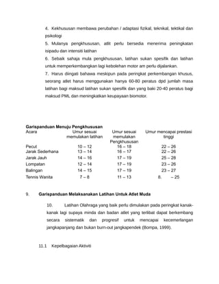 4. Kekhususan membawa perubahan / adaptasi fizikal, teknikal, tektikal dan
         psikologi
         5. Mulanya pengkhususan, atlit perlu bersedia menerima peningkatan
         isipadu dan intensiti latihan
         6. Sebaik sahaja mula pengkhususan, latihan sukan spesifik dan latihan
         untuk memperkembangkan lagi kebolehan motor am perlu dijalankan.
         7. Harus diingati bahawa meskipun pada peringkat perkembangan khusus,
         seorang atlet harus menggunakan hanya 60-80 peratus dpd jumlah masa
         latihan bagi maksud latihan sukan spesifik dan yang baki 20-40 peratus bagi
         maksud PML dan meningkatkan keupayaan biomotor.




Garispanduan Menuju Pengkhususan
Acara               Umur sesuai               Umur sesuai      Umur mencapai prestasi
                 memulakan latihan            memulakan               tinggi
                                             Pengkhususan
Pecut                       10 – 12             16 – 18                 22 – 26
Jarak Sederhana             13 – 14             16 – 17                 22 – 26
Jarak Jauh                  14 – 16             17 – 19                 25 – 28
Lompatan                    12 – 14             17 – 19                 23 – 26
Balingan                    14 – 15             17 – 19                 23 – 27
Tennis Wanita                7–8                 11 – 13            8.      – 25


9.    Garispanduan Melaksanakan Latihan Untuk Atlet Muda

             10.      Latihan Olahraga yang baik perlu dimulakan pada peringkat kanak-
             kanak lagi supaya minda dan badan atlet yang terlibat dapat berkembang
             secara   sistematik   dan   progresif   untuk   mencapai    kecemerlangan
             jangkapanjang dan bukan burn-out jangkapendek (Bompa, 1999).



      11.1     Kepelbagaian Aktiviti
 