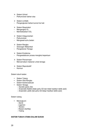  Sistem Urinari
     - Perkumuhan bahan sisa

      Sistem Limfatik
     - Pengangkutan bahan kumuh ke hati

      Sistem Respiratori
     - Mengangkut O2
     - Membebaskan CO2

      Sistem Integumentari
     - Perkumuhan
     - Mengawal suhu badan

      Sistem Rangka
     - Sokongan Mekanikal
     - Pengestoran Tenaga

      Sistem Endokrina
     - Pengawalaturan proses mengikut keperluan

      Sistem Pencernaan
     - Mencernakan makanan untuk tenaga

      Sistem Reproduktif
     - Hormon


Sistem tubuh badan

     •   Sistem Tulang
     •   Sistem Otot Rangka
     •   Sistem Kardiovaskular
     •   Sistem Tenaga
          - Aerobik (perlu O2)
          - Anaerobik Alaktik (tidak perlu O2 dan tidak hasilkan laktik asid)
          - Anaerobik Laktik (tak perlu O2 tetapi hasilkan laktik asid)


Sistem tulang

     •   Merangkumi
          - Sendi
          - Ligamen
          - Tendon
          - Rawan (kartilej)
          - Tulang


SISTEM TUBUH UTAMA DALAM SUKAN



28
 
