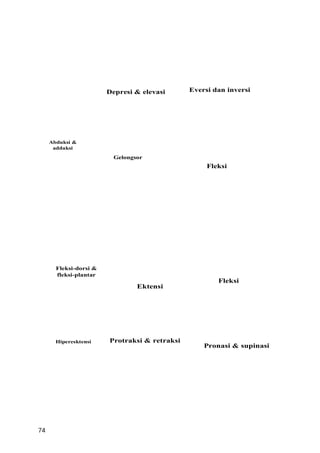 Depresi & elevasi      Eversi dan inversi




     Abduksi &
      adduksi
                          Gelongsor
                                                    Fleksi




       Fleksi-dorsi &
       fleksi-plantar
                                                       Fleksi
                                 Ektensi




       Hiperesktensi    Protraksi & retraksi
                                                   Pronasi & supinasi




74
 