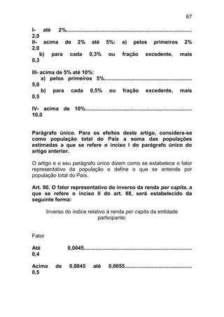67

I- até 2%......................................................................................
2,0
II- acima de 2% até 5%: a) pelos primeiros 2%
2,0
   b) para cada 0,3% ou fração excedente, mais
0,3

III- acima de 5% até 10%:
     a) pelos primeiros 5%............................................................
5,0
     b) para cada 0,5% ou fração excedente, mais
0,5

IV- acima de 10%.........................................................................
10,0


Parágrafo único. Para os efeitos deste artigo, considera-se
como população total do País a soma das populações
estimadas a que se refere o inciso I do parágrafo único do
artigo anterior.

O artigo e o seu parágrafo único dizem como se estabelece o fator
representativo da população e define o que se entende por
população total do País.

Art. 90. O fator representativo do inverso da renda per capita, a
que se refere o inciso II do art. 88, será estabelecido da
seguinte forma:

        Inverso do índice relativo à renda per capita da entidade
                               participante:


Fator

Até                  0,0045..........................................................................
0,4

Acima        de       0,0045         até       0,0055..............................................
0,5
 