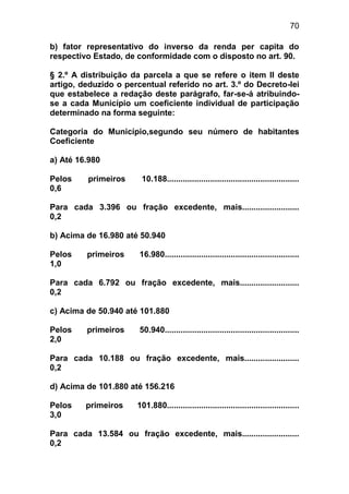 70

b) fator representativo do inverso da renda per capita do
respectivo Estado, de conformidade com o disposto no art. 90.

§ 2.º A distribuição da parcela a que se refere o item II deste
artigo, deduzido o percentual referido no art. 3.º do Decreto-lei
que estabelece a redação deste parágrafo, far-se-á atribuindo-
se a cada Município um coeficiente individual de participação
determinado na forma seguinte:

Categoria do Município,segundo seu número de habitantes
Coeficiente

a) Até 16.980

Pelos     primeiros     10.188..........................................................
0,6

Para cada 3.396 ou fração excedente, mais.........................
0,2

b) Acima de 16.980 até 50.940

Pelos    primeiros      16.980...........................................................
1,0

Para cada 6.792 ou fração excedente, mais..........................
0,2

c) Acima de 50.940 até 101.880

Pelos    primeiros      50.940...........................................................
2,0

Para cada 10.188 ou fração excedente, mais........................
0,2

d) Acima de 101.880 até 156.216

Pelos    primeiros     101.880..........................................................
3,0

Para cada 13.584 ou fração excedente, mais.........................
0,2
 
