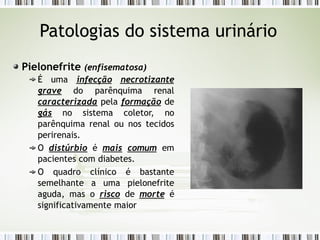 Patologias do sistema urinário
Pielonefrite (enfisematosa)
É uma infecção necrotizante
grave do parênquima renal
caracterizada pela formação de
gás no sistema coletor, no
parênquima renal ou nos tecidos
perirenais.
O distúrbio é mais comum em
pacientes com diabetes.
O quadro clínico é bastante
semelhante a uma pielonefrite
aguda, mas o risco de morte é
significativamente maior
 