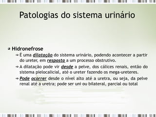 Patologias do sistema urinário
Hidronefrose
É uma dilatação do sistema urinário, podendo acontecer a partir
do ureter, em resposta a um processo obstrutivo.
A dilatação pode vir desde a pelve, dos cálices renais, então do
sistema pielocalicial, até o ureter fazendo os mega-ureteres.
Pode ocorrer desde o nível alto até a uretra, ou seja, da pelve
renal até a uretra; pode ser uni ou bilateral, parcial ou total
 