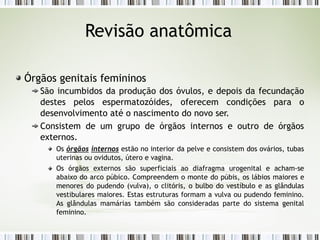 Revisão anatômica
Órgãos genitais femininos
São incumbidos da produção dos óvulos, e depois da fecundação
destes pelos espermatozóides, oferecem condições para o
desenvolvimento até o nascimento do novo ser.
Consistem de um grupo de órgãos internos e outro de órgãos
externos.
Os órgãos internos estão no interior da pelve e consistem dos ovários, tubas
uterinas ou ovidutos, útero e vagina.
Os órgãos externos são superficiais ao diafragma urogenital e acham-se
abaixo do arco púbico. Compreendem o monte do púbis, os lábios maiores e
menores do pudendo (vulva), o clitóris, o bulbo do vestíbulo e as glândulas
vestibulares maiores. Estas estruturas formam a vulva ou pudendo feminino.
As glândulas mamárias também são consideradas parte do sistema genital
feminino.
 