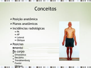 Conceitos
Posição anatômica
Planos anatômicos
Incidências radiológicas
PA
AP
Lateral
Oblíqua
Posicion
amento
do corpo
Ortostático
Decúbito
Trendelemburg
Fowler
Oblíquo
 