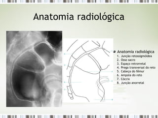 Anatomia radiológica
Anatomia radiológica
1. Junção retossigmóidea
2. Osso sacro
3. Espaço retrorretal
4. Prega transversal do reto
5. Cabeça do fêmur
6. Ampola do reto
7. Cóccix
8. Junção anorretal
 