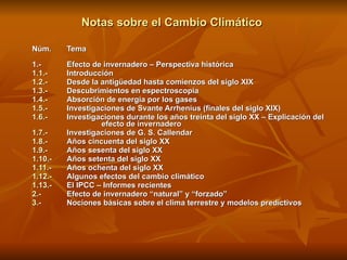 Notas sobre el Cambio Climático  Núm.  Tema   1.- Efecto de invernadero – Perspectiva histórica 1.1.- Introducción 1.2.- D...