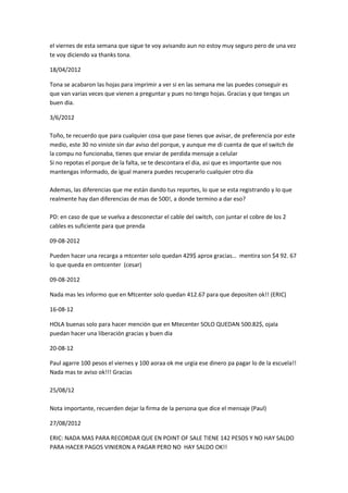 el viernes de esta semana que sigue te voy avisando aun no estoy muy seguro pero de una vez
te voy diciendo va thanks tona.
18/04/2012
Tona se acabaron las hojas para imprimir a ver si en las semana me las puedes conseguir es
que van varias veces que vienen a preguntar y pues no tengo hojas. Gracias y que tengas un
buen dia.
3/6/2012
Toño, te recuerdo que para cualquier cosa que pase tienes que avisar, de preferencia por este
medio, este 30 no viniste sin dar aviso del porque, y aunque me di cuenta de que el switch de
la compu no funcionaba, tienes que enviar de perdida mensaje a celular
Si no repotas el porque de la falta, se te descontara el dia, asi que es importante que nos
mantengas informado, de igual manera puedes recuperarlo cualquier otro dia
Ademas, las diferencias que me están dando tus reportes, lo que se esta registrando y lo que
realmente hay dan diferencias de mas de 500!, a donde termino a dar eso?
PD: en caso de que se vuelva a desconectar el cable del switch, con juntar el cobre de los 2
cables es suficiente para que prenda
09-08-2012
Pueden hacer una recarga a mtcenter solo quedan 429$ aprox gracias… mentira son $4 92. 67
lo que queda en omtcenter (cesar)
09-08-2012
Nada mas les informo que en Mtcenter solo quedan 412.67 para que depositen ok!! (ERIC)
16-08-12
HOLA buenas solo para hacer mención que en Mtecenter SOLO QUEDAN 500.82$, ojala
puedan hacer una liberación gracias y buen dia
20-08-12
Paul agarre 100 pesos el viernes y 100 aoraa ok me urgia ese dinero pa pagar lo de la escuela!!
Nada mas te aviso ok!!! Gracias
25/08/12
Nota importante, recuerden dejar la firma de la persona que dice el mensaje (Paul)
27/08/2012
ERIC: NADA MAS PARA RECORDAR QUE EN POINT OF SALE TIENE 142 PESOS Y NO HAY SALDO
PARA HACER PAGOS VINIERON A PAGAR PERO NO HAY SALDO OK!!

 