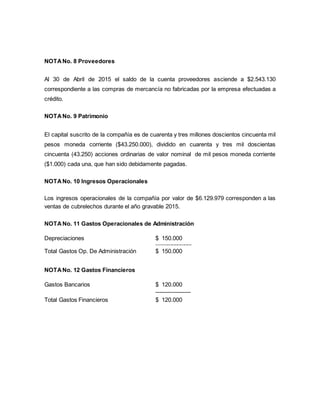 NOTANo. 8 Proveedores
Al 30 de Abril de 2015 el saldo de la cuenta proveedores asciende a $2.543.130
correspondiente a las compras de mercancía no fabricadas por la empresa efectuadas a
crédito.
NOTANo. 9 Patrimonio
El capital suscrito de la compañía es de cuarenta y tres millones doscientos cincuenta mil
pesos moneda corriente ($43.250.000), dividido en cuarenta y tres mil doscientas
cincuenta (43.250) acciones ordinarias de valor nominal de mil pesos moneda corriente
($1.000) cada una, que han sido debidamente pagadas.
NOTANo. 10 Ingresos Operacionales
Los ingresos operacionales de la compañía por valor de $6.129.979 corresponden a las
ventas de cubrelechos durante el año gravable 2015.
NOTA No. 11 Gastos Operacionales de Administración
Depreciaciones $ 150.000
-------------------------
Total Gastos Op. De Administración $ 150.000
NOTANo. 12 Gastos Financieros
Gastos Bancarios $ 120.000
------------------
Total Gastos Financieros $ 120.000
 