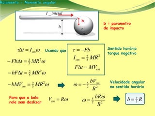 Rb 5
2

 cmIt 
2
5
2
MRIcm 
FbUsando que:
2
5
2
MRtFb 
2
5
2
MRtbF 
2
5
2
MRbMVcm 
cmMVtF 
22
5
R
bVcm

Sentido horário
torque negativo
RVcm Para que a bola
role sem deslizar 22
5
R
bR
 
Velocidade angular
no sentido horário
b
inicialI _
b = parametro
de impacto
 