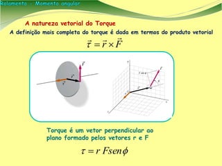 A definição mais completa do torque é dada em termos do produto vetorial
Fr


A natureza vetorial do Torque
 Fsenr
Torque é um vetor perpendicular ao
plano formado pelos vetores r e F
 