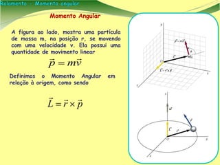 Momento Angular
A figura ao lado, mostra uma partícula
de massa m, na posição r, se movendo
com uma velocidade v. Ela possui uma
quantidade de movimento linear
prL


vmp


Definimos o Momento Angular em
relação à origem, como sendo
 