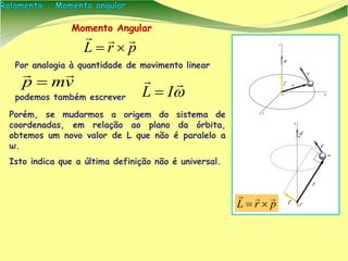 Momento Angular
prL


Por analogia à quantidade de movimento linear


IL 
Porém, se mudarmos a origem do sistema de
coordenadas, em relação ao plano da órbita,
obtemos um novo valor de L que não é paralelo a
ω.
Isto indica que a última definição não é universal.
prL


vmp


podemos também escrever
 