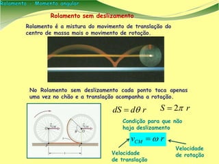Rolamento sem deslizamento
Rolamento é a mistura do movimento de translação do
centro de massa mais o movimento de rotação.
No Rolamento sem deslizamento cada ponto toca apenas
uma vez no chão e a translação acompanha a rotação.
Condição para que não
haja deslizamento
rvCM 
Velocidade
de translação
Velocidade
de rotação
rddS  rS 2
 
