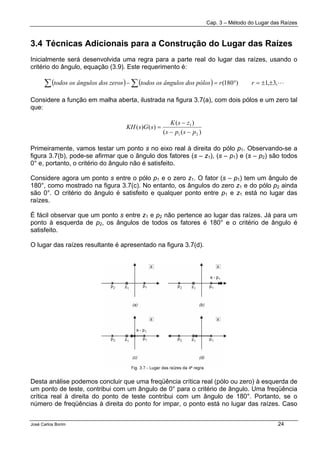 Cap. 3 – Método do Lugar das Raízes
José Carlos Borim 24
3.4 Técnicas Adicionais para a Construção do Lugar das Raízes
Inicialmente será desenvolvida uma regra para a parte real do lugar das raízes, usando o
critério do ângulo, equação (3.9). Este requerimento é:
( ) ( ) L,3,1)180( ±±=°=− ∑∑ rrpólosngulos dostodos os âzerosngulos dostodos os â
Considere a função em malha aberta, ilustrada na figura 3.7(a), com dois pólos e um zero tal
que:
)((
)(
)()(
21
1
psps
zsK
sGsKH
−−
−
=
Primeiramente, vamos testar um ponto s no eixo real à direita do pólo p1. Observando-se a
figura 3.7(b), pode-se afirmar que o ângulo dos fatores (s – z1), (s – p1) e (s – p2) são todos
0° e, portanto, o critério do ângulo não é satisfeito.
Considere agora um ponto s entre o pólo p1 e o zero z1. O fator (s – p1) tem um ângulo de
180°, como mostrado na figura 3.7(c). No entanto, os ângulos do zero z1 e do pólo p2 ainda
são 0°. O critério do ângulo é satisfeito e qualquer ponto entre p1 e z1 está no lugar das
raízes.
É fácil observar que um ponto s entre z1 e p2 não pertence ao lugar das raízes. Já para um
ponto à esquerda de p2, os ângulos de todos os fatores é 180° e o critério de ângulo é
satisfeito.
O lugar das raízes resultante é apresentado na figura 3.7(d).
Desta análise podemos concluir que uma freqüência crítica real (pólo ou zero) à esquerda de
um ponto de teste, contribui com um ângulo de 0° para o critério de ângulo. Uma freqüência
crítica real à direita do ponto de teste contribui com um ângulo de 180°. Portanto, se o
número de freqüências à direita do ponto for impar, o ponto está no lugar das raízes. Caso
 
