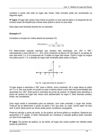 Cap. 3 – Método do Lugar das Raízes
José Carlos Borim 25
contrário o ponto não está no lugar das raízes. Este conceito pode ser sumarizado na
seguinte regra:
4ª regra: O lugar das raízes inclui todos os pontos no eixo real do plano s à esquerda de um
número impar de freqüências críticas reais (pólos e zeros no eixo real).
Esta regra será ilustrada através de um exemplo.
Exemplo 3.7
Considere a função em malha aberta do exemplo 3.6,
)3)(2)(1(
)()(
++−
=
sss
K
sGsKH
Foi determinado naquele exemplo que existem três assíntotas, em ±60° e 180°,
interceptando o eixo real em s = - 4/3, como mostrado na figura 3.8. Da regra 4, as partes do
eixo real entre 1 e -2 e à esquerda de -3 estão no lugar das raízes. Como o lugar se origina
nos pólos para K = 0, a direção do lugar está mostrada pelas setas na figura.
O lugar segue a assíntota a 180° para o infinito, como mostrado. Se o lugar deixa os pólos
em 1 e -2, tem que existir um ponto no qual o mesmo deixa o eixo real nas proximidades das
assíntotas em ±60°. Este ponto é chamado de ponto de quebra. O método para identificar o
ponto de quebra do lugar das raízes será apresentado na regra 5. Este exemplo poderá,
então, ser completado.
Uma regra ainda é necessária para se esboçar, com mais precisão, o lugar das raízes.
Trata-se de se determinar o ponto no plano s em que dois, ou mais, ramos saem do eixo
real. A partir deste ponto as raízes serão pares complexos conjugados.
Pode-se calcular o ponto de saída, ou de quebra, de forma gráfica ou analítica. Optamos por
apresentar a 2ª opção. O leitor interessado em conhecer a solução gráfica pode consultar
um dos livros sugeridos.
5ª regra: Os pontos de quebra, ou de saída, do lugar das raízes podem ser obtidos pelas
raízes do polinômio:
 