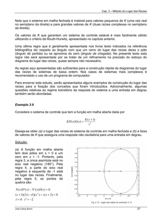 Cap. 3 – Método do Lugar das Raízes
José Carlos Borim 27
Note que o sistema em malha fechada é instável para valores pequenos de K (uma raiz real
no semiplano da direita) e para grandes valores de K (duas raízes complexas no semiplano
da direita).
Os valores de K que garantem um sistema de controle estável é mais facilmente obtido
utilizando o critério de Routh-Hurwitz, apresentado no capítulo anterior.
Uma última regra que é geralmente apresentada nos livros texto indicados na referência
bibliográfica diz respeito ao ângulo com que um ramo do lugar das raízes deixa o pólo
(ângulo de partida) ou se aproxima do zero (ângulo de chegada). No presente texto esta
regra não será apresentada por se tratar de um refinamento na precisão do esboço do
diagrama do lugar das raízes, quase sempre não necessário.
As regras aqui apresentadas são suficientes para a construção rápida de diagramas do lugar
das raízes de sistemas de baixa ordem. Nos casos de sistemas mais complexos é
recomendado o uso de um programa de computador.
Para encerrar este estudo, serão apresentados alguns exemplos de construção do lugar das
raízes para a fixação dos conceitos que foram introduzidos. Adicionalmente, algumas
questões relativas ao regime transitório da resposta do sistema a uma entrada em degrau
também serão abordadas.
Exemplo 3.9
Considere o sistema de controle que tem a função em malha aberta dada por
2
)1(
)()(
s
sK
sGsKH
+
=
Deseja-se obter (a) o lugar das raízes do sistema de controle em malha fechada e (b) a faixa
de valores de K que assegura uma resposta não oscilatória para uma entrada em degrau.
Solução:
(a) A função em malha aberta
tem dois pólos em s = 0 e um
zero em s = -1. Portanto, pela
regra 3, a única assíntota está no
eixo real negativo (180°). Pela
regra 4, a parte do eixo real
negativo à esquerda de -1 está
no lugar das raízes. Finalmente,
pela regra 5, os pontos de
quebra são:
2''0'
0)2())(1()2)(1(
0)()(')(')(
2
−==
=+=−+
=−
ss
sssss
sDsNsDsN
 