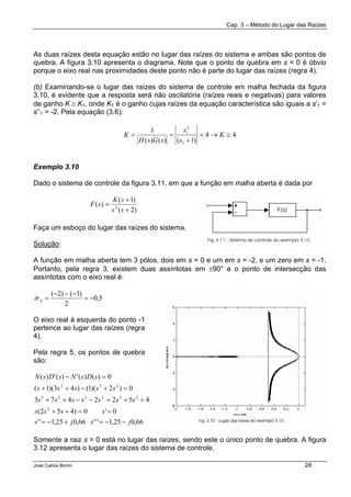 Cap. 3 – Método do Lugar das Raízes
José Carlos Borim 28
As duas raízes desta equação estão no lugar das raízes do sistema e ambas são pontos de
quebra. A figura 3.10 apresenta o diagrama. Note que o ponto de quebra em s = 0 é óbvio
porque o eixo real nas proximidades deste ponto não é parte do lugar das raízes (regra 4).
(b) Examinando-se o lugar das raízes do sistema de controle em malha fechada da figura
3.10, é evidente que a resposta será não oscilatória (raízes reais e negativas) para valores
de ganho K ≥ K1, onde K1 é o ganho cujas raízes da equação característica são iguais a s’1 =
s’’1 = -2. Pela equação (3.6):
44
)1()()(
1
1
2
1
≥→=
+
== K
s
s
sGsH
K
Exemplo 3.10
Dado o sistema de controle da figura 3.11, em que a função em malha aberta é dada por
)2(
)1(
)( 2
+
+
=
ss
sK
sF
Faça um esboço do lugar das raízes do sistema.
Solução:
A função em malha aberta tem 3 pólos, dois em s = 0 e um em s = -2, e um zero em s = -1.
Portanto, pela regra 3, existem duas assíntotas em ±90° e o ponto de intersecção das
assíntotas com o eixo real é:
5,0
2
)1()2(
−=
−−−
=Aσ
O eixo real à esquerda do ponto -1
pertence ao lugar das raízes (regra
4).
Pela regra 5, os pontos de quebra
são:
66,025,1'''66,025,1''
0'0)452(
04522473
0)2)(1()43)(1(
0)()(')(')(
2
232323
232
jsjs
ssss
ssssssss
sssss
sDsNsDsN
−−=+−=
==++
=++=−−++
=+−++
=−
Somente a raiz s = 0 está no lugar das raízes, sendo este o único ponto de quebra. A figura
3.12 apresenta o lugar das raízes do sistema de controle.
 