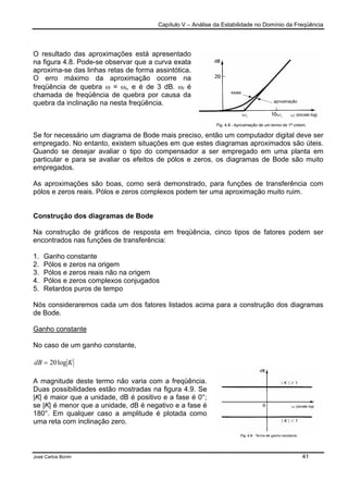 Capítulo V – Análise da Estabilidade no Domínio da Freqüência
José Carlos Borim 41
O resultado das aproximações está apresentado
na figura 4.8. Pode-se observar que a curva exata
aproxima-se das linhas retas de forma assintótica.
O erro máximo da aproximação ocorre na
freqüência de quebra ω = ωi, e é de 3 dB. ωi é
chamada de freqüência de quebra por causa da
quebra da inclinação na nesta freqüência.
Se for necessário um diagrama de Bode mais preciso, então um computador digital deve ser
empregado. No entanto, existem situações em que estes diagramas aproximados são úteis.
Quando se desejar avaliar o tipo do compensador a ser empregado em uma planta em
particular e para se avaliar os efeitos de pólos e zeros, os diagramas de Bode são muito
empregados.
As aproximações são boas, como será demonstrado, para funções de transferência com
pólos e zeros reais. Pólos e zeros complexos podem ter uma aproximação muito ruim.
Construção dos diagramas de Bode
Na construção de gráficos de resposta em freqüência, cinco tipos de fatores podem ser
encontrados nas funções de transferência:
1. Ganho constante
2. Pólos e zeros na origem
3. Pólos e zeros reais não na origem
4. Pólos e zeros complexos conjugados
5. Retardos puros de tempo
Nós consideraremos cada um dos fatores listados acima para a construção dos diagramas
de Bode.
Ganho constante
No caso de um ganho constante,
KdB log20=
A magnitude deste termo não varia com a freqüência.
Duas possibilidades estão mostradas na figura 4.9. Se
|K| é maior que a unidade, dB é positivo e a fase é 0°;
se |K| é menor que a unidade, dB é negativo e a fase é
180°. Em qualquer caso a amplitude é plotada como
uma reta com inclinação zero.
 