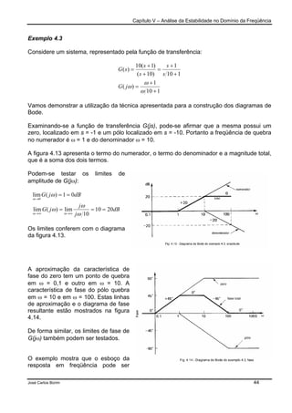 Capítulo V – Análise da Estabilidade no Domínio da Freqüência
José Carlos Borim 44
Exemplo 4.3
Considere um sistema, representado pela função de transferência:
110
1
)(
110
1
)10(
)1(10
)(
+
+
=
+
+
=
+
+
=
ω
ω
ωjG
s
s
s
s
sG
Vamos demonstrar a utilização da técnica apresentada para a construção dos diagramas de
Bode.
Examinando-se a função de transferência G(js), pode-se afirmar que a mesma possui um
zero, localizado em s = -1 e um pólo localizado em s = -10. Portanto a freqüência de quebra
no numerador é ω = 1 e do denominador ω = 10.
A figura 4.13 apresenta o termo do numerador, o termo do denominador e a magnitude total,
que é a soma dos dois termos.
Podem-se testar os limites de
amplitude de G(jω):
dB
j
j
jG
dBjG
2010
10
lim)(lim
01)(lim
0
===
==
∞→∞→
→
ω
ω
ω
ω
ωω
ω
Os limites conferem com o diagrama
da figura 4.13.
A aproximação da característica de
fase do zero tem um ponto de quebra
em ω = 0,1 e outro em ω = 10. A
característica de fase do pólo quebra
em ω = 10 e em ω = 100. Estas linhas
de aproximação e o diagrama de fase
resultante estão mostrados na figura
4.14.
De forma similar, os limites de fase de
G(jω) também podem ser testados.
O exemplo mostra que o esboço da
resposta em freqüência pode ser
 