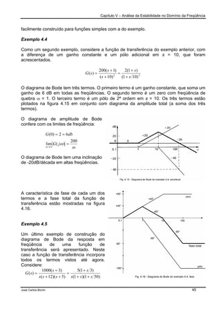 Capítulo V – Análise da Estabilidade no Domínio da Freqüência
José Carlos Borim 45
facilmente construído para funções simples com a do exemplo.
Exemplo 4.4
Como um segundo exemplo, considere a função de transferência do exemplo anterior, com
a diferença de um ganho constante e um pólo adicional em s = 10, que foram
acrescentados.
22
)101(
)1(2
)10(
)1(200
)(
s
s
s
s
sG
+
+
=
+
+
=
O diagrama de Bode tem três termos. O primeiro termo é um ganho constante, que soma um
ganho de 6 dB em todas as freqüências. O segundo termo é um zero com freqüência de
quebra ω = 1. O terceiro termo é um pólo de 2ª ordem em s = 10. Os três termos estão
plotados na figura 4.15 em conjunto com diagrama da amplitude total (a soma dos três
termos).
O diagrama de amplitude de Bode
confere com os limites de freqüência:
ω
ω
ω
200
)(lim
62)0(
=
==
∞→
jG
dbG
O diagrama de Bode tem uma inclinação
de -20dB/década em altas freqüências.
A característica de fase de cada um dos
termos e a fase total da função de
transferência estão mostradas na figura
4.16.
Exemplo 4.5
Um último exemplo de construção do
diagrama de Bode da resposta em
freqüência de uma função de
transferência será apresentado. Neste
caso a função de transferência incorpora
todos os termos vistos até agora.
Considere:
)501)(1(
)31(5
)5)(12(
)3(1000
)(
sss
s
sss
s
sG
++
+
=
++
+
=
 