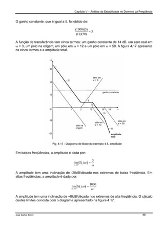Capítulo V – Análise da Estabilidade no Domínio da Freqüência
José Carlos Borim 46
O ganho constante, que é igual a 5, foi obtido de:
5
)50)(12(
)3)(1000(
=
A função de transferência tem cinco termos: um ganho constante de 14 dB, um zero real em
ω = 3, um pólo na origem, um pólo em ω = 12 e um pólo em ω = 50. A figura 4.17 apresenta
os cinco termos e a amplitude total.
Em baixas freqüências, a amplitude é dada por:
ω
ω
ω
5
)(lim
0
=
→
jG
A amplitude tem uma inclinação de -20dB/década nos extremos de baixa freqüência. Em
altas freqüências, a amplitude é dada por:
2
1000
)(lim
ω
ω
ω
=
∞→
jG
A amplitude tem uma inclinação de -40dB/década nos extremos de alta freqüência. O cálculo
destes limites coincide com o diagrama apresentado na figura 4.17.
 