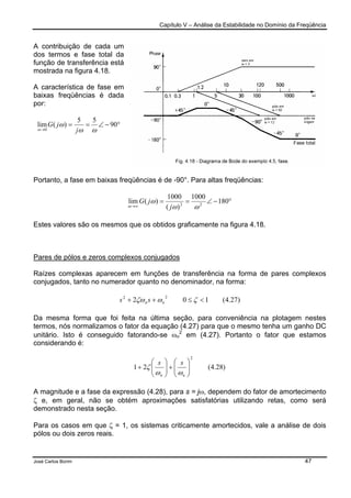 Capítulo V – Análise da Estabilidade no Domínio da Freqüência
José Carlos Borim 47
A contribuição de cada um
dos termos e fase total da
função de transferência está
mostrada na figura 4.18.
A característica de fase em
baixas freqüências é dada
por:
°−∠==
→
90
55
)(lim
0 ωω
ω
ω j
jG
Portanto, a fase em baixas freqüências é de -90°. Para altas freqüências:
°−∠==
∞→
180
1000
)(
1000
)(lim 22
ωω
ω
ω j
jG
Estes valores são os mesmos que os obtidos graficamente na figura 4.18.
Pares de pólos e zeros complexos conjugados
Raízes complexas aparecem em funções de transferência na forma de pares complexos
conjugados, tanto no numerador quanto no denominador, na forma:
)27.4(102
22
<≤++ ζωζω nn ss
Da mesma forma que foi feita na última seção, para conveniência na plotagem nestes
termos, nós normalizamos o fator da equação (4.27) para que o mesmo tenha um ganho DC
unitário. Isto é conseguido fatorando-se ωn
2
em (4.27). Portanto o fator que estamos
considerando é:
)28.4(21
2






+





+
nn
ss
ωω
ζ
A magnitude e a fase da expressão (4.28), para s = jω, dependem do fator de amortecimento
ζ e, em geral, não se obtém aproximações satisfatórias utilizando retas, como será
demonstrado nesta seção.
Para os casos em que ζ = 1, os sistemas criticamente amortecidos, vale a análise de dois
pólos ou dois zeros reais.
 