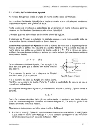 Capítulo V – Análise da Estabilidade no Domínio da Freqüência
José Carlos Borim 54
5.2 Critério de Estabilidade de Nyquist
No método do lugar das raízes, a função em malha aberta é dada por H(s)G(s).
No domínio da freqüência, H(jω)G(jω) é a função em malha aberta utilizada para se obter os
diagramas de Nyquist e os gráficos de Bode.
Nesta seção será investigada a estabilidade de um sistema em malha fechada a partir da
resposta em freqüência da função em malha aberta H(jω)G(jω).
O método que será apresentado é baseado no critério de Nyquist.
O diagrama de Nyquist, já estudado no capítulo anterior, é uma representação polar da
característica da resposta em freqüência de um sistema.
Critério de Estabilidade de Nyquist: Se N é o número de vezes que o diagrama polar de
Nyquist envolve o ponto (-1,0) no plano-s no sentido horário, e P é o número de pólos em
malha aberta que estão no semiplano da direita, então Z = N + P é o número de raízes
instáveis da equação característica do sistema em malha fechada (raízes estas que estão no
semiplano da direita).
De acordo com o critério de Nyquist, Z na equação (5.1)
deve ser zero para que o sistema em malha fechada
seja estável.
N é o número de vezes que o diagrama de Nyquist
envolve o ponto (-1,0) no plano-s.
P é o número de pólos da função em malha aberta,
H(s)G(s), no semiplano da direita. Portanto, P indica a estabilidade do sistema se este é
operado em malha aberta.
No diagrama de Nyquist da figura 5.2, o mapeamento envolve o ponto (-1,0) duas vezes e,
portanto,
Como P é o número de pólos, da função em malha aberta, no semiplano s da direita, ele não
pode ser um número negativo. Portanto, no sistema da figura 5.2, Z é maior ou igual a 2 e o
sistema em malha fechada é instável.
Alguns comentários podem ser feitos sobre o critério de Nyquist:
1. A razão do ponto (-1,0) ser tão importante vem da equação característica 1 + H(s)G(s) =
0, que pode ser escrita como H(s)G(s) = -1. Esta condição corresponde a uma função de
transferência com ganho 1 e ângulo de fase de –180°.
)1.5(PNZ +=
PZ += 2
 